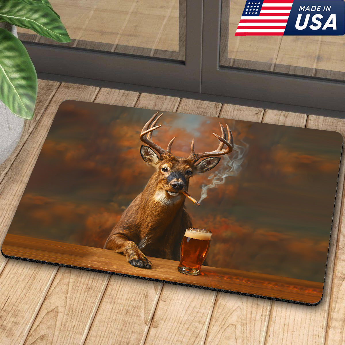 Blisscorners Deer Smoking & Bar Glassware Doormat – Funny Hunting Cabin Rug, Man Cave & Outdoor Decor Gift LM1611