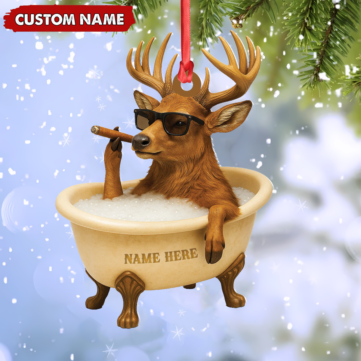 Blisscorners Personalized Funny Deer Bathtub Ornament, Cool Buck Relaxing Christmas Decor, Unique Gag Gift for Hunters and Men LM0411