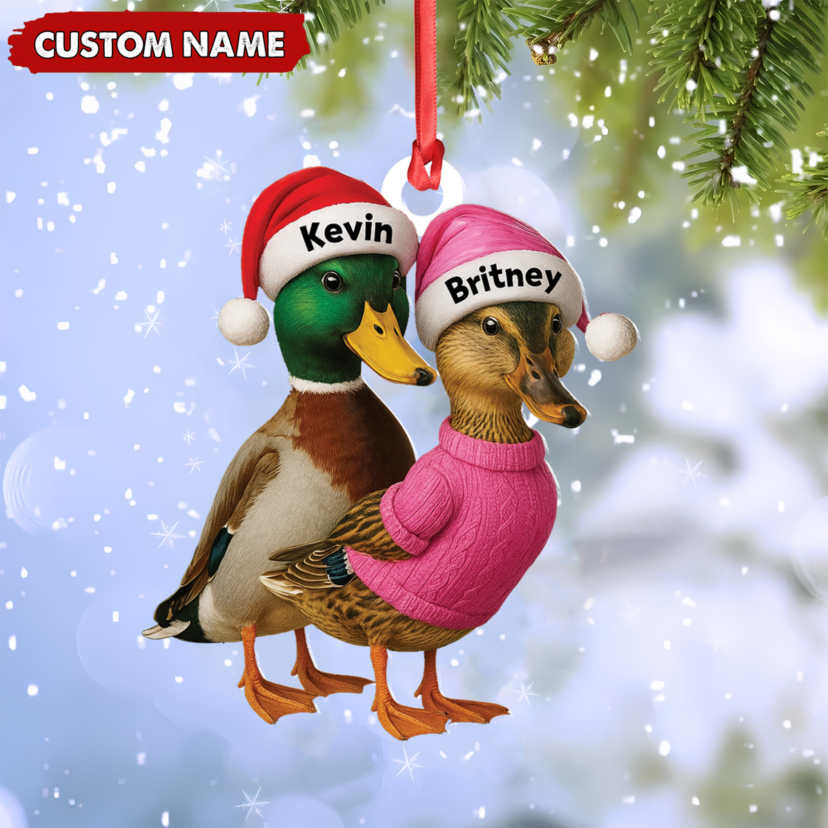 Blisscorners Custom Funny Duck Couple Christmas Ornament - Personalized Names, Custom Gift for Couples & Animal Lovers LM0411