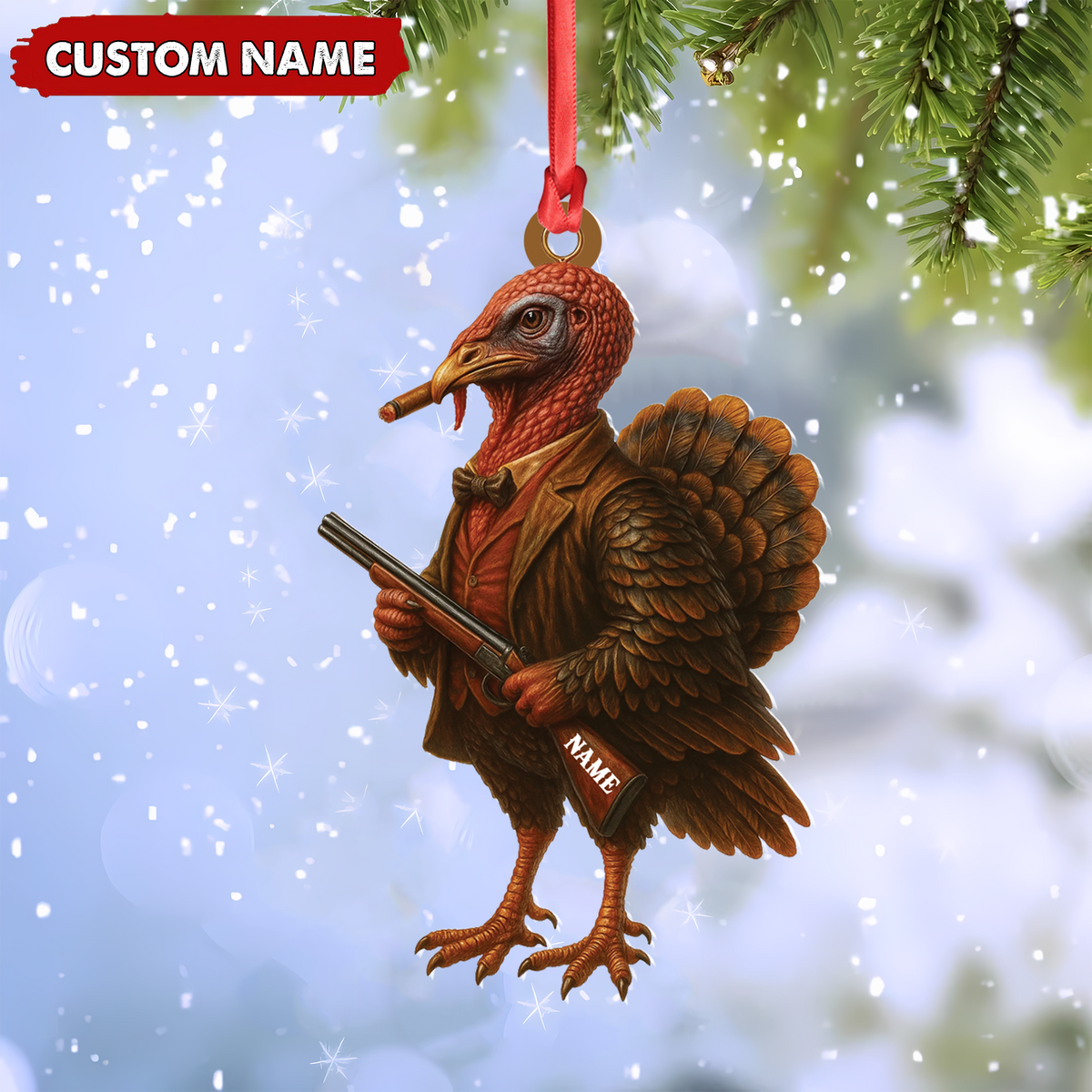 Blisscorners Personalized Funny Turkey Hunter Ornament, Dapper Gobbler with Gun Christmas Decor, Unique Gag Gift for Hunters and Men LM0411