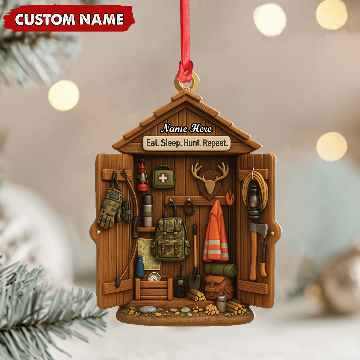 Blisscorners Personalized Hunter Gear Acrylic Ornament - Custom Name - Sleep Hunt Repeat Christmas Gift for Hunters LM0411
