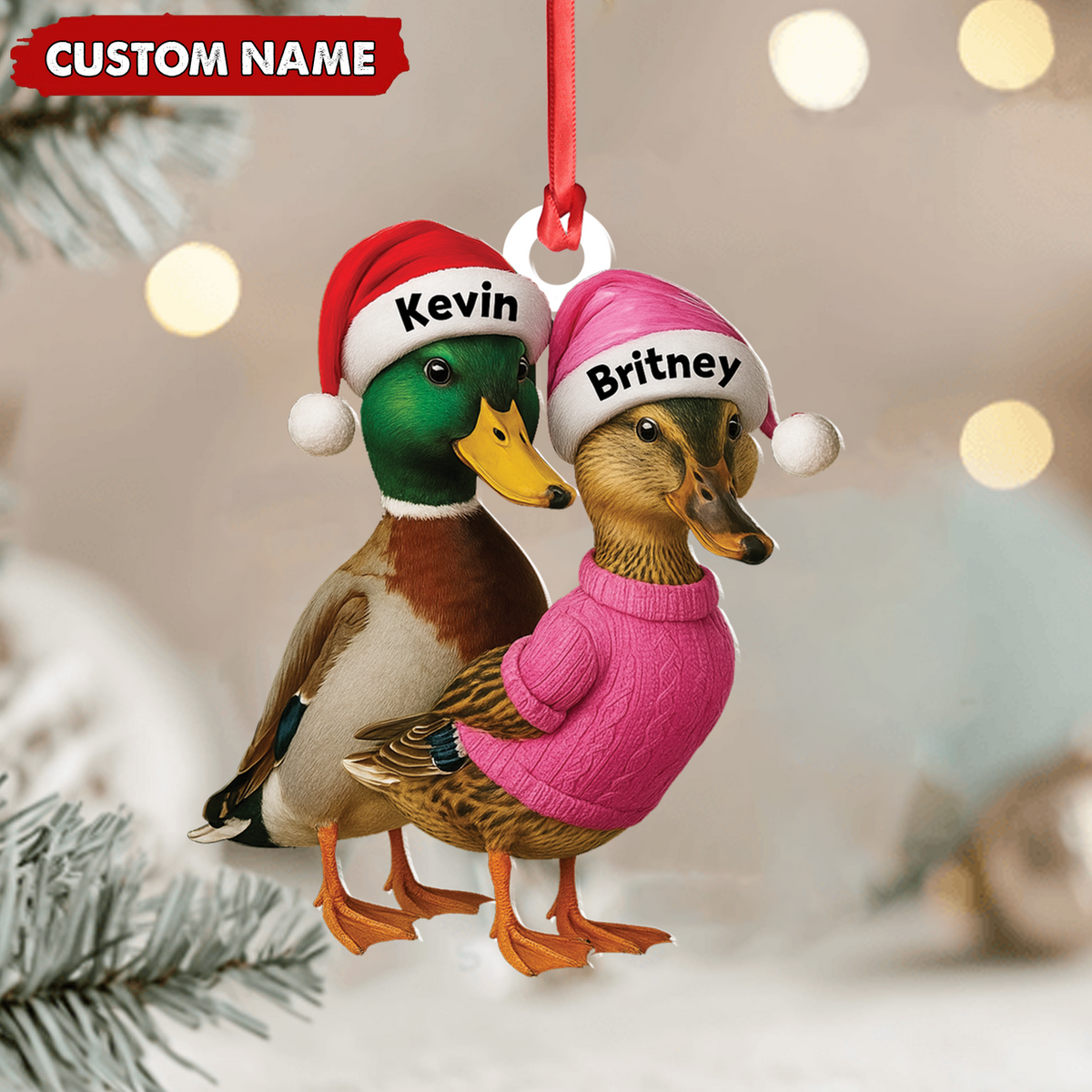 Blisscorners Custom Funny Duck Couple Christmas Ornament - Personalized Names, Custom Gift for Couples & Animal Lovers LM0411