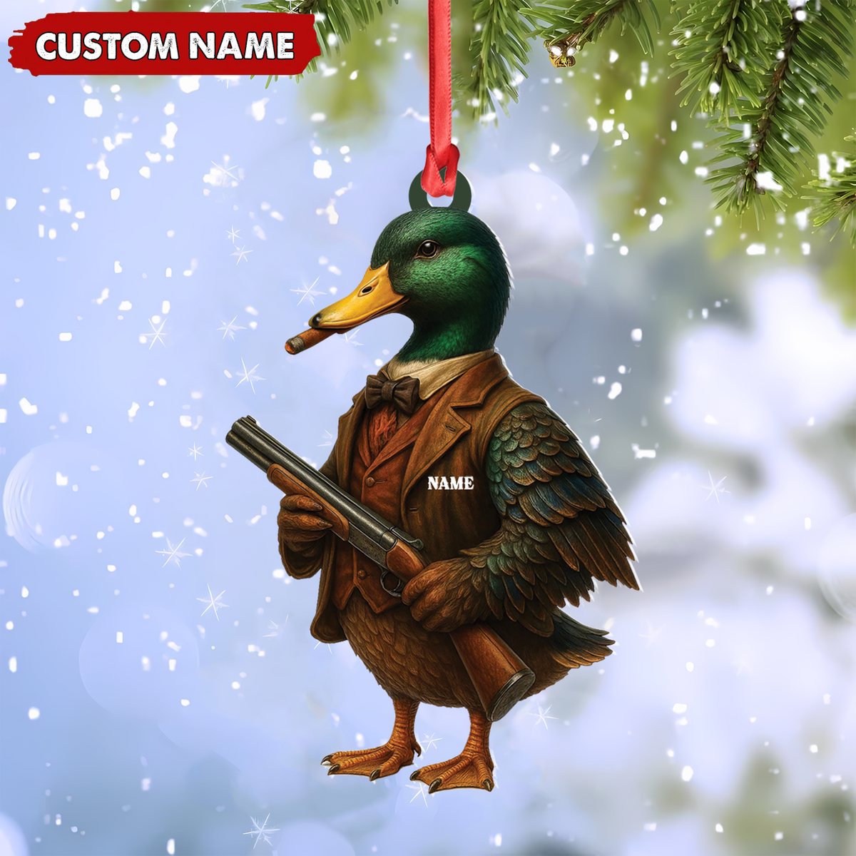 Blisscorners Personalized Funny Duck Hunter Ornament, Dapper Mallard with Gun Christmas Decor, Unique Gag Gift for Hunters and Men LM0411