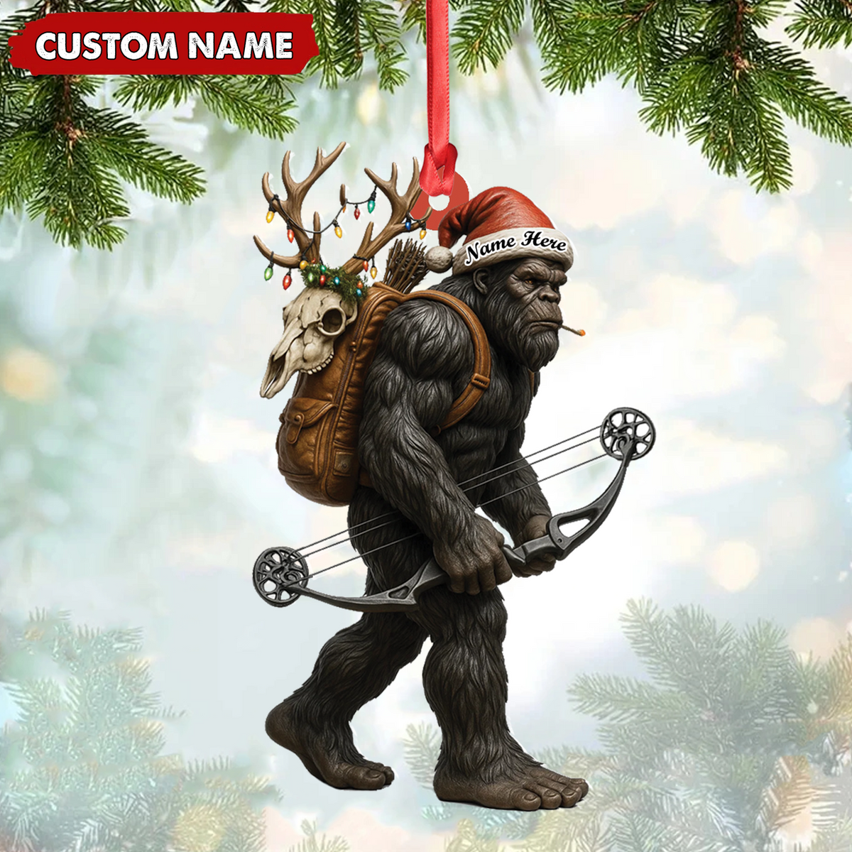 Blisscorners Bigfoot Hunter Christmas Ornament, Funny Sasquatch Archery Decor, Rustic Holiday Gift for Outdoor Adventure Lovers LM0411