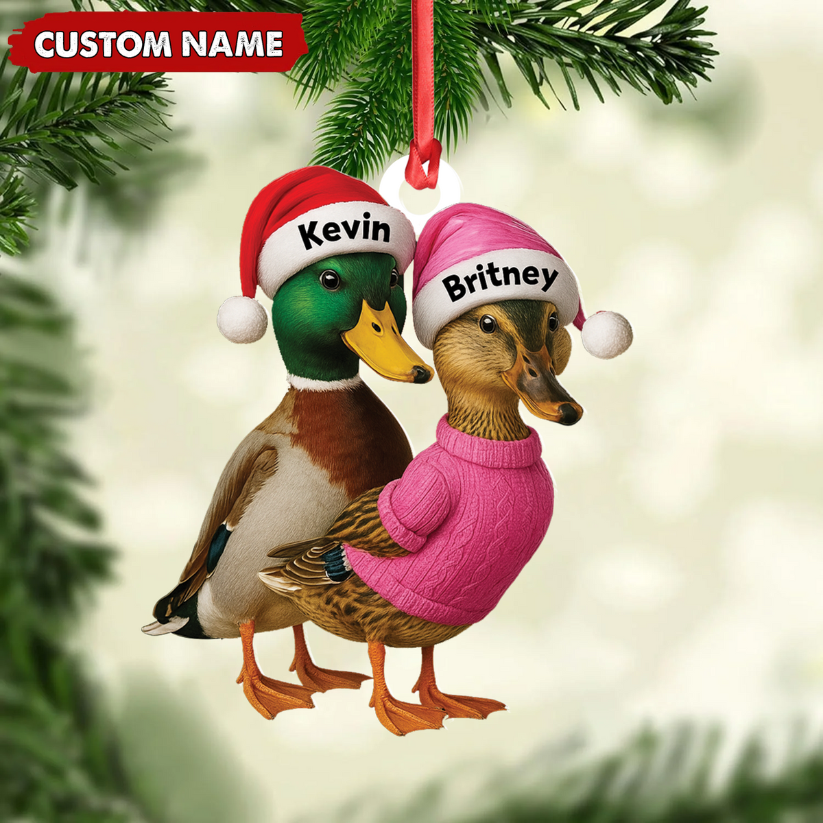 Blisscorners Custom Funny Duck Couple Christmas Ornament - Personalized Names, Custom Gift for Couples & Animal Lovers LM0411