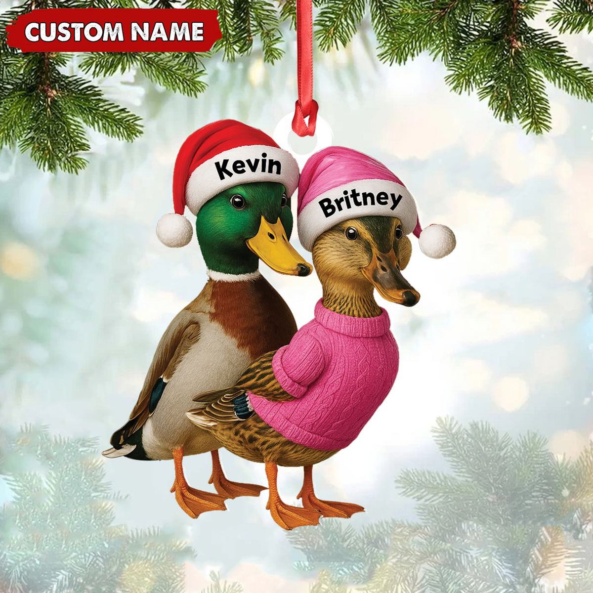 Blisscorners Custom Funny Duck Couple Christmas Ornament - Personalized Names, Custom Gift for Couples & Animal Lovers LM0411