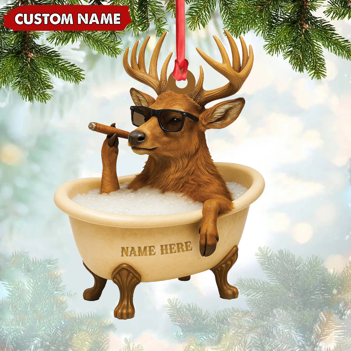 Blisscorners Personalized Funny Deer Bathtub Ornament, Cool Buck Relaxing Christmas Decor, Unique Gag Gift for Hunters and Men LM0411
