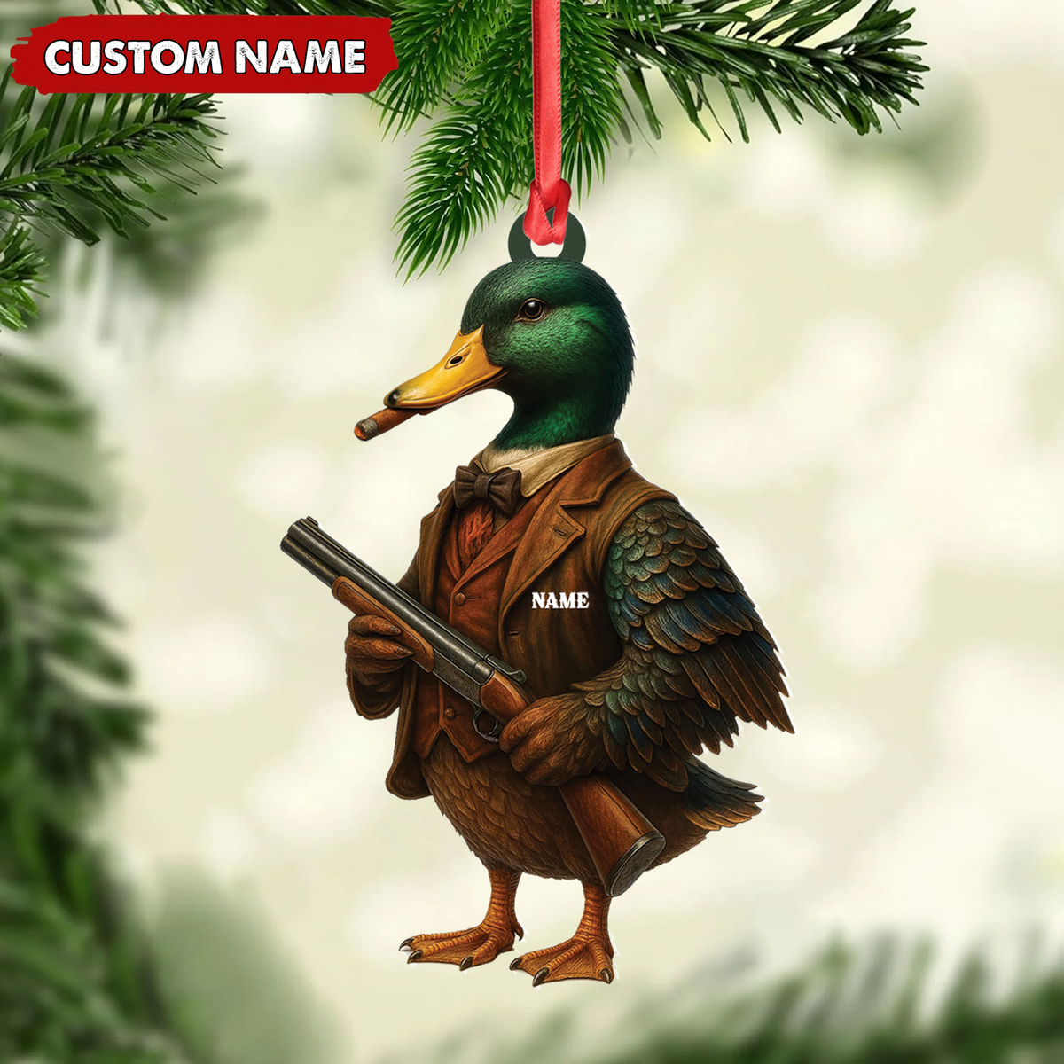 Blisscorners Personalized Funny Duck Hunter Ornament, Dapper Mallard with Gun Christmas Decor, Unique Gag Gift for Hunters and Men LM0411