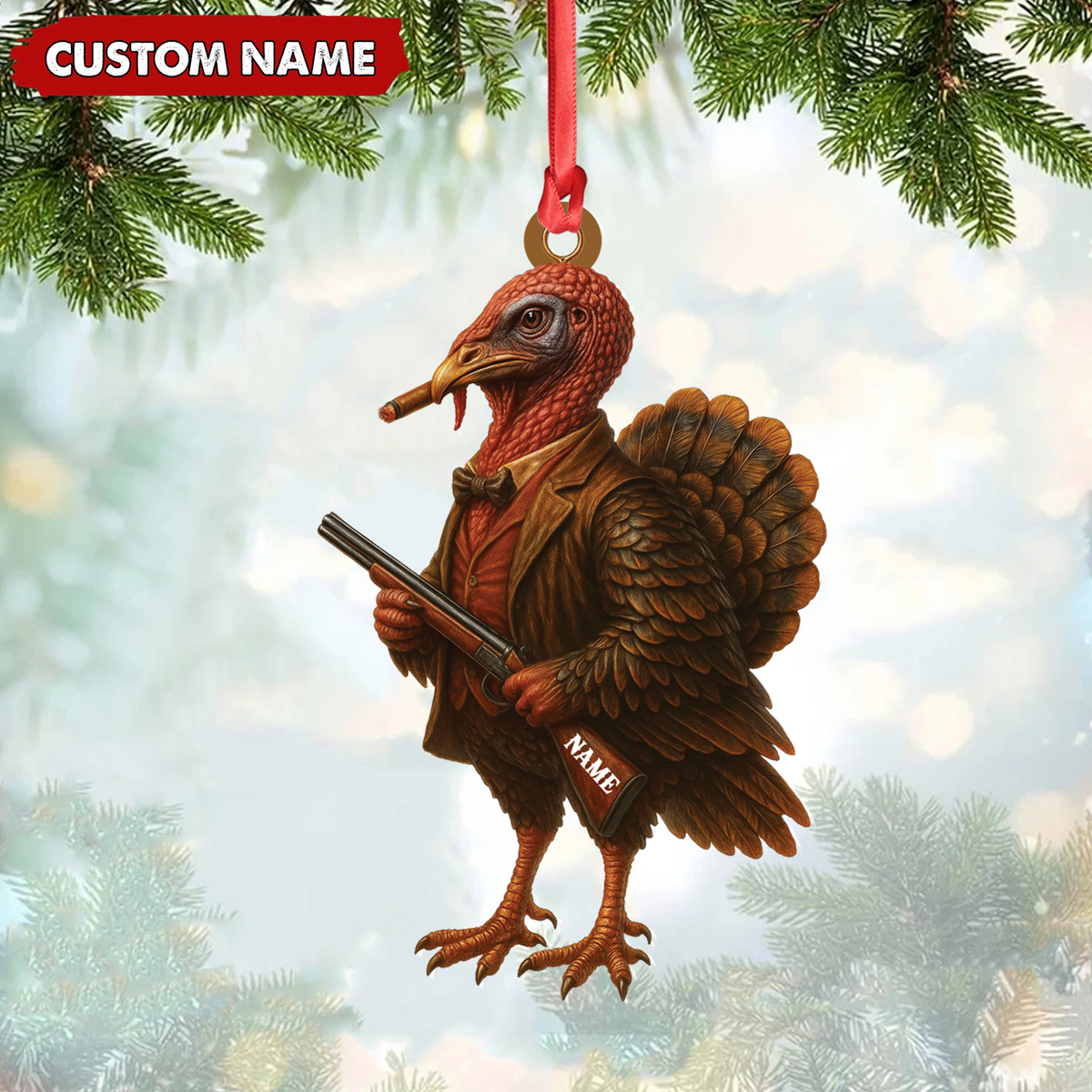 Blisscorners Personalized Funny Turkey Hunter Ornament, Dapper Gobbler with Gun Christmas Decor, Unique Gag Gift for Hunters and Men LM0411