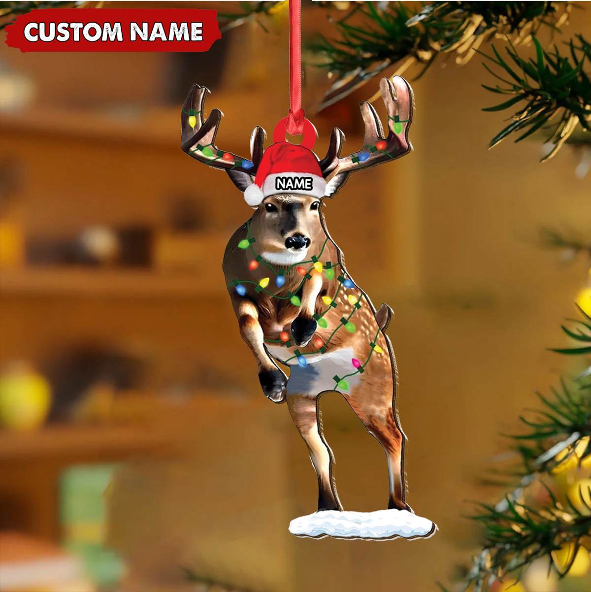 Blisscorners Personalized Deer Acrylic Christmas Ornament - Custom Name Buck with Lights Holiday Gift LM0411