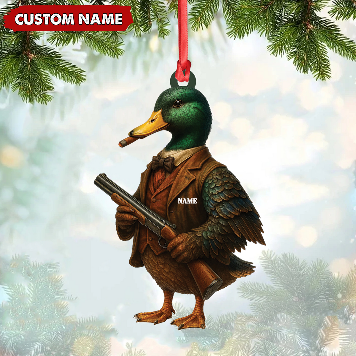 Blisscorners Personalized Funny Duck Hunter Ornament, Dapper Mallard with Gun Christmas Decor, Unique Gag Gift for Hunters and Men LM0411