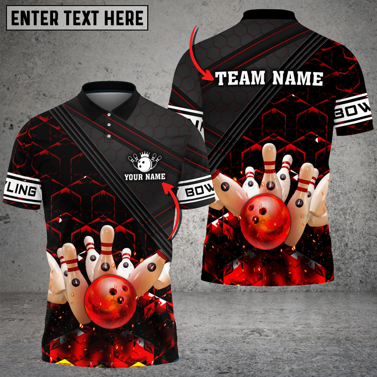 Blisscorners Black And Red Bowling Hexagon Pattern Customized Name 3D Shirt