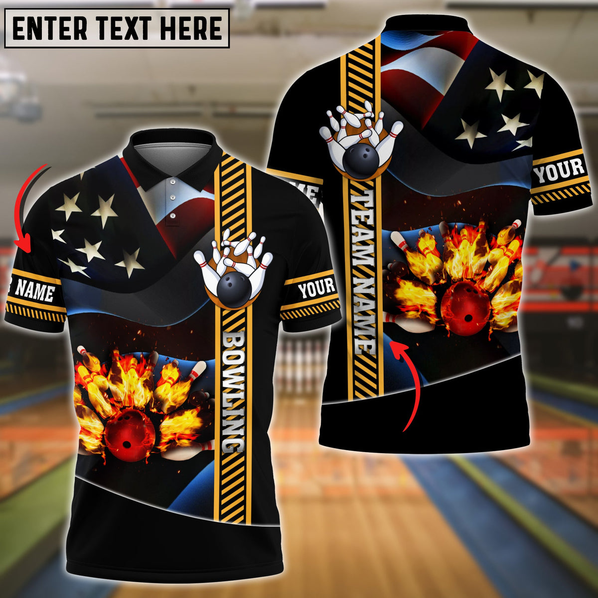 Blisscorners Bowling Ball And Pins Flame USA Flag Pattern Premium Customized Name 3D Shirt