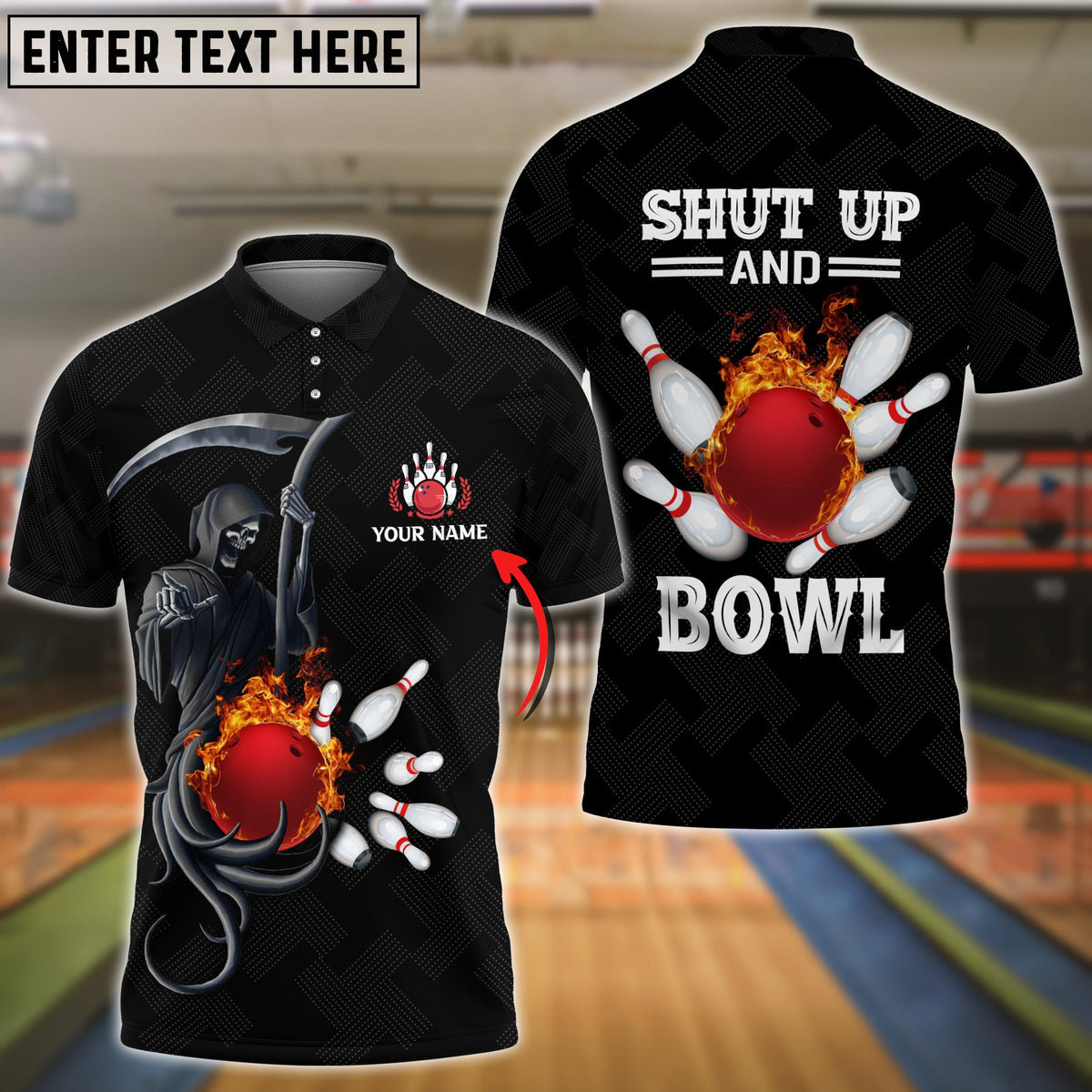 Blisscorners Bowling And Pins Flame Black Skull Pattern Premium Customized Name 3D Shirt