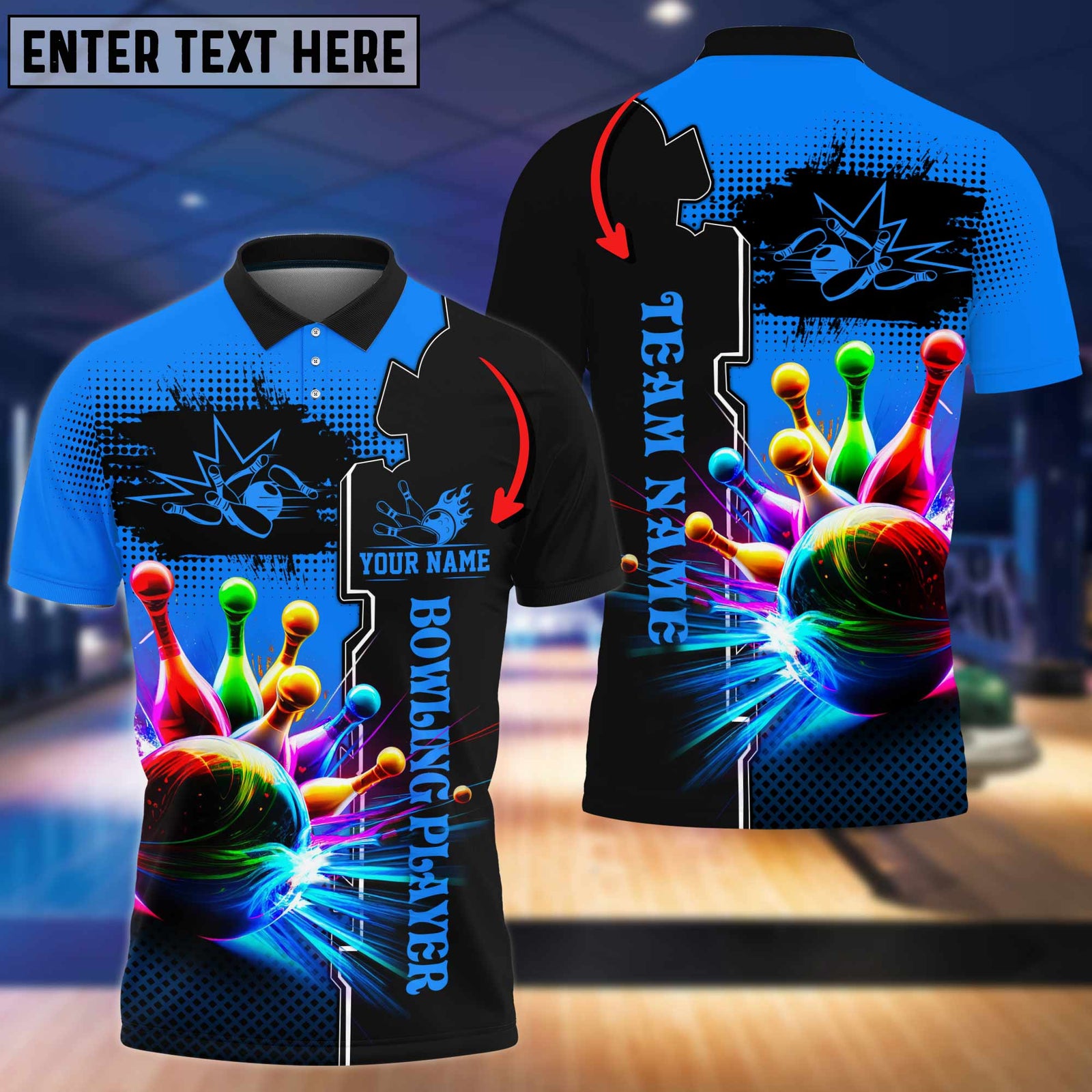 Blisscorners Multicolor Bowling And Pins Premium Customized Name 3D Shirt