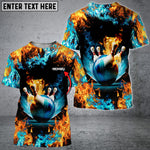 Blisscorners Blue Bowling Ball And Pins On Fire Customized Name All Over Printed Shirt