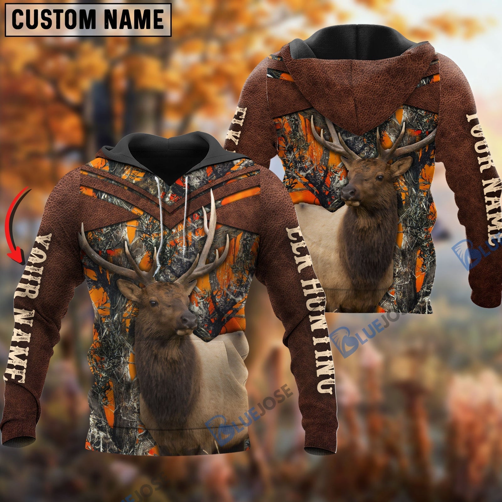 Blisscorners Customized Name Elk Hunting Orange Pattern 3D Shirts
