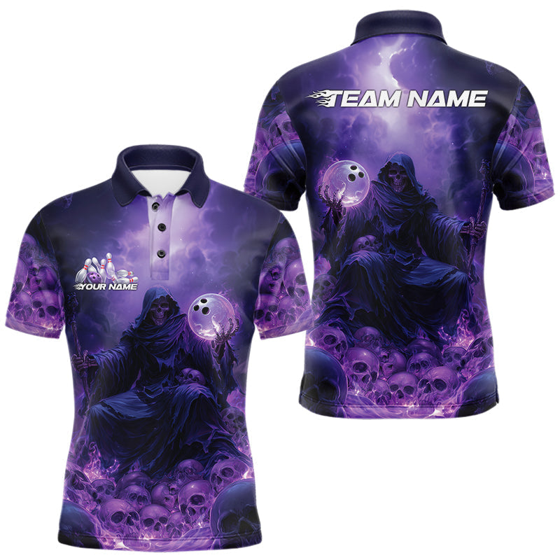 Blisscorners Custom Blue And Purple Flame Bowling Skull Polo Shirts For Men, Halloween Bowling Outfits MT1007