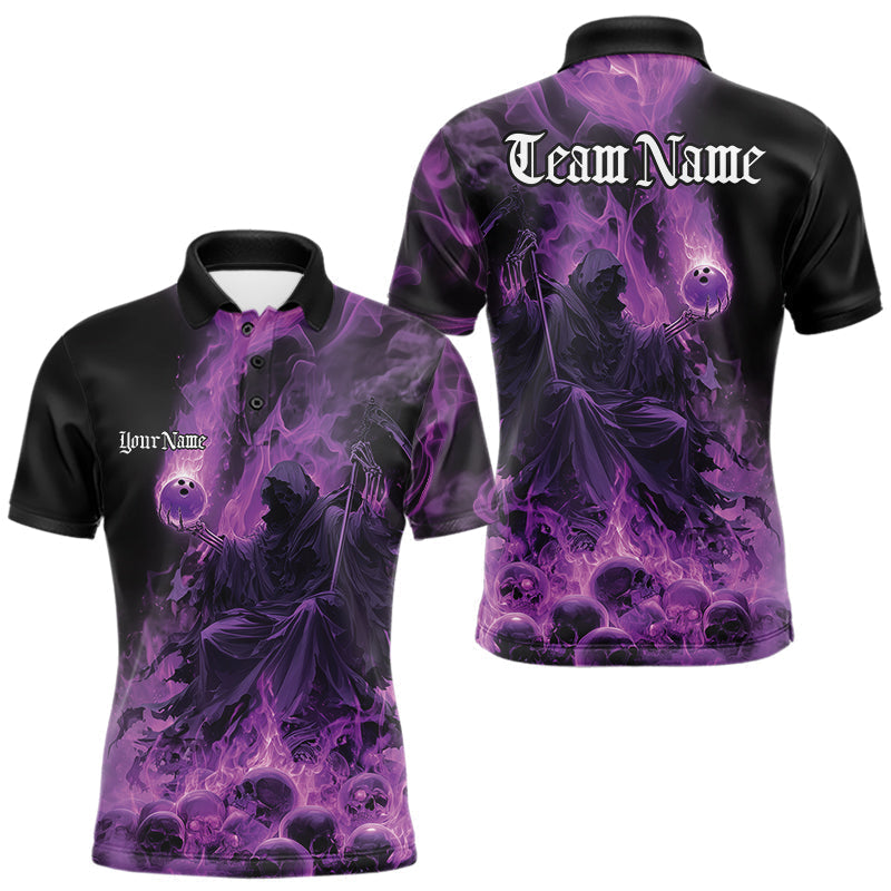 Blisscorners Custom Purple Flame Skull Bowling Polo Shirts, Purple Smoke Bowling HallweenMT1007