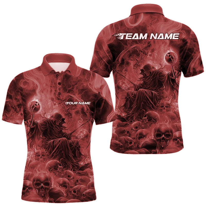 Blisscorners Custom Red Flame Skull Bowling Polo Shirts, Red Smoke Bowling Hallween Outfit MT1007