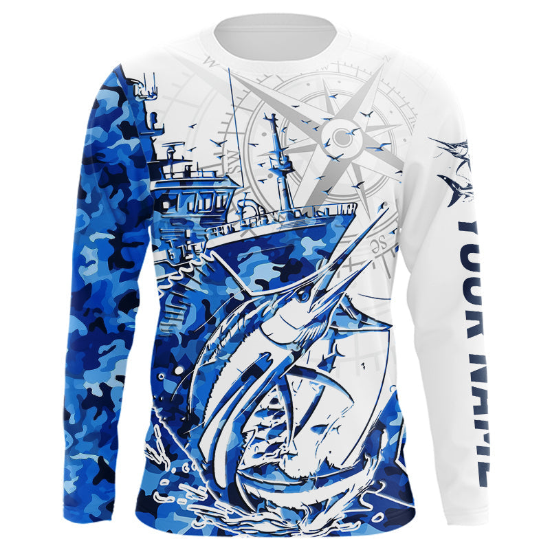 Blisscorners Custom Blue Camo Saltwater Sailfish Long Sleeve Fishing Shirts, Offshore Fishing Shirt LM0607