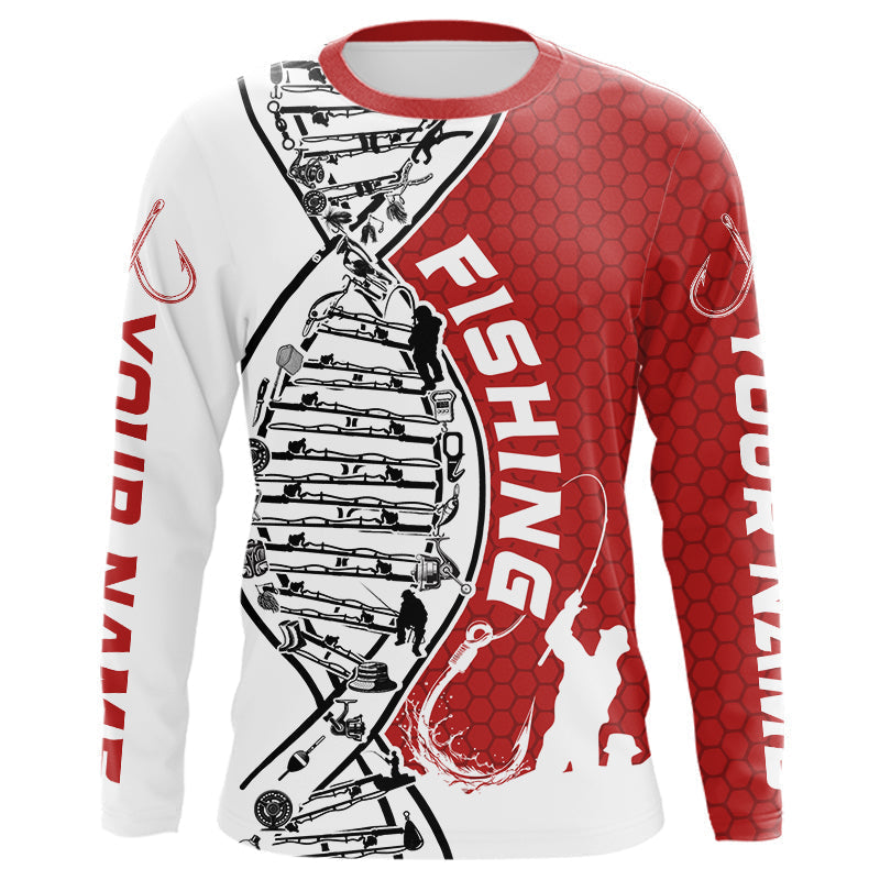 Blisscorners Custom Red And White Fishing Tools Fishing DNA Long Sleeve Tournament Fishing Shirts LM0607