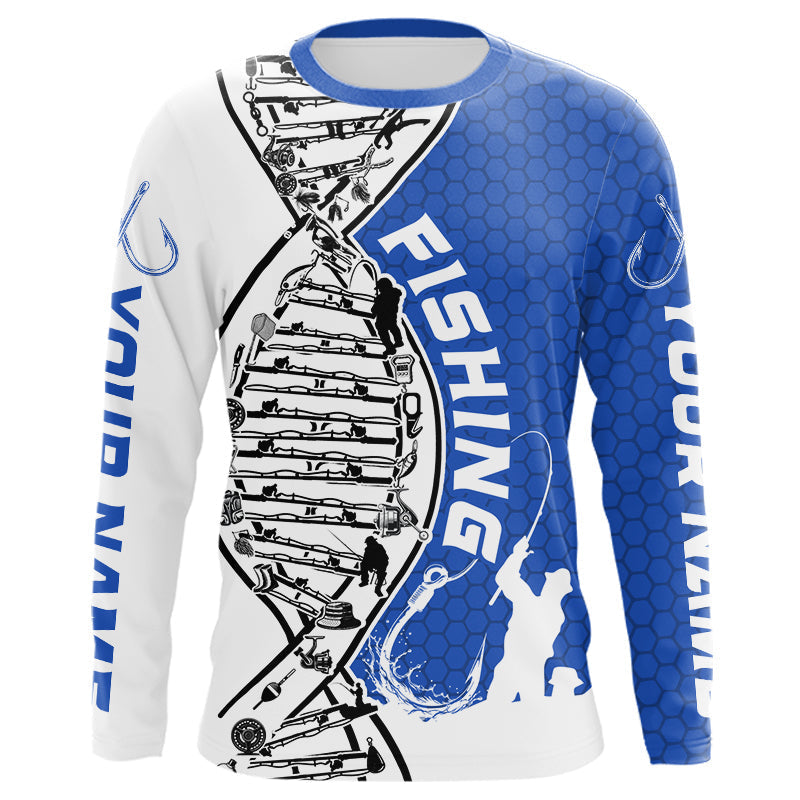 Blisscorners Custom Blue And White Fishing Tools Fishing DNA Long Sleeve Tournament Fishing Shirts LM0607