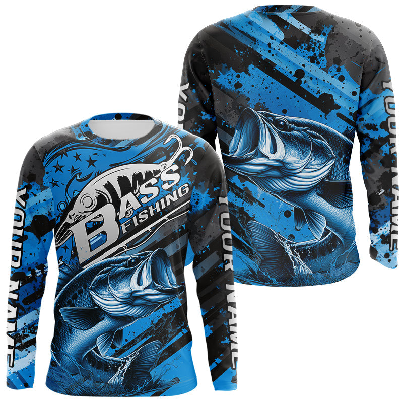 Blisscorners Custom Name Blue Camo Bass Fishing Jerseys, Largemouth Bass Long Sleeve Fishing Shirt LM0607