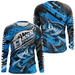 Blisscorners Custom Name Blue Camo Bass Fishing Jerseys, Largemouth Bass Long Sleeve Fishing Shirt LM0607