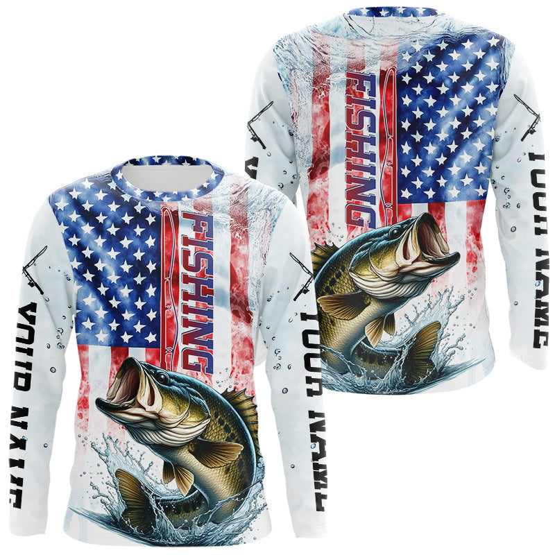 Blisscorners Custom Patriotic Largemouth Bass US Flag Long Sleeve Fishing Shirt, Bass Fishing Jersey LM0607