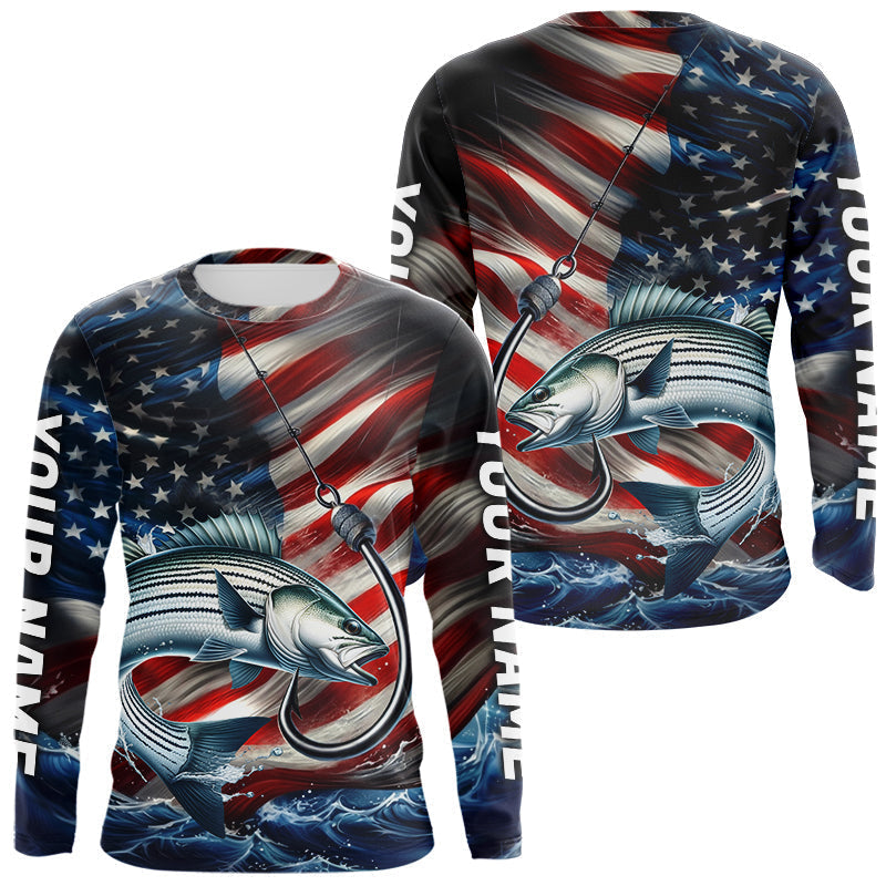 Blisscorners Custom Patriotic Striped Bass Long Sleeve Fishing Shirts, US Flag Fish Hook Striper Jerseys LM0607