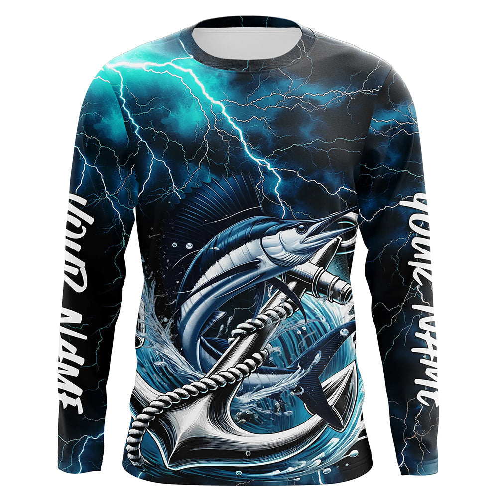 Blisscorners Blue Thunder Lightning Anchor Custom Nautical Sailfish Saltwater Long Sleeve Fishing Shirts For Men LM0607