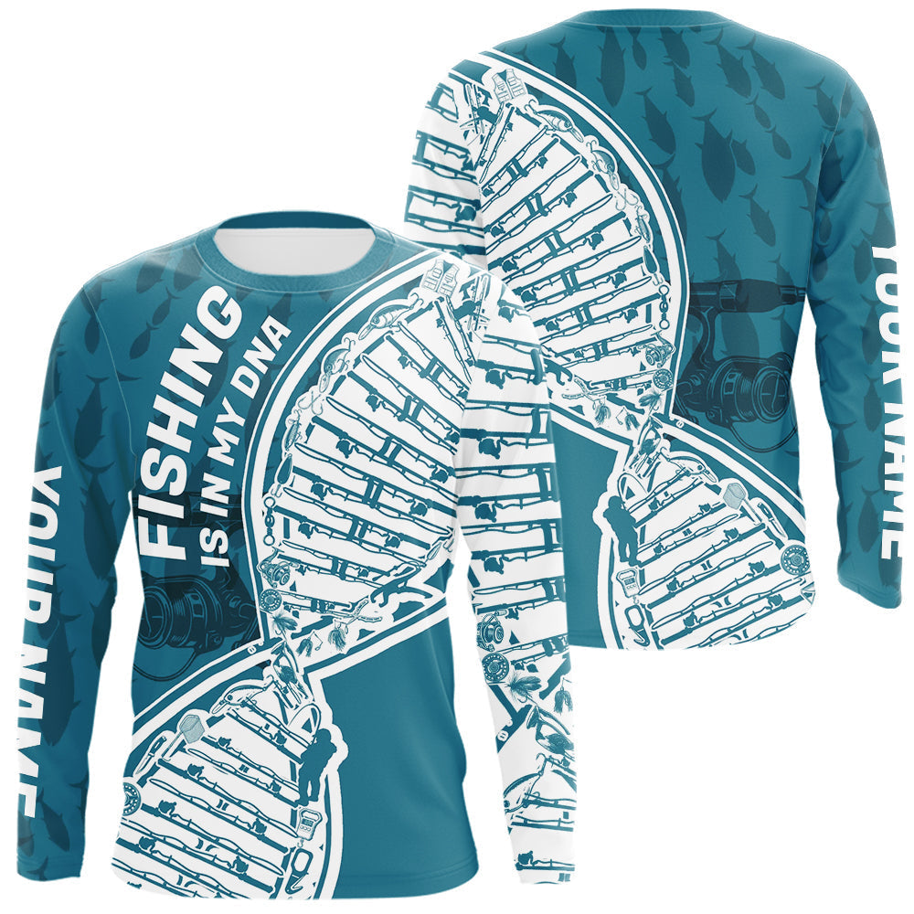 Blisscorners Aqua Blue Fishing Is In My DNA Custom Long Sleeve Fishing Shirts, Fishing Tools DNA LM0607