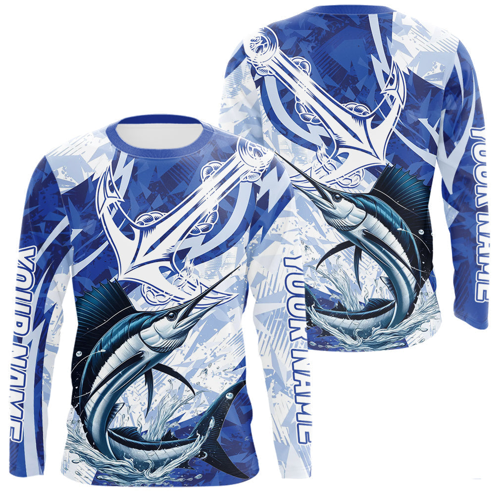 Blisscorners Blue Camo Anchor Custom Sailfish Saltwater Long Sleeve Performance Fishing Shirts LM0607