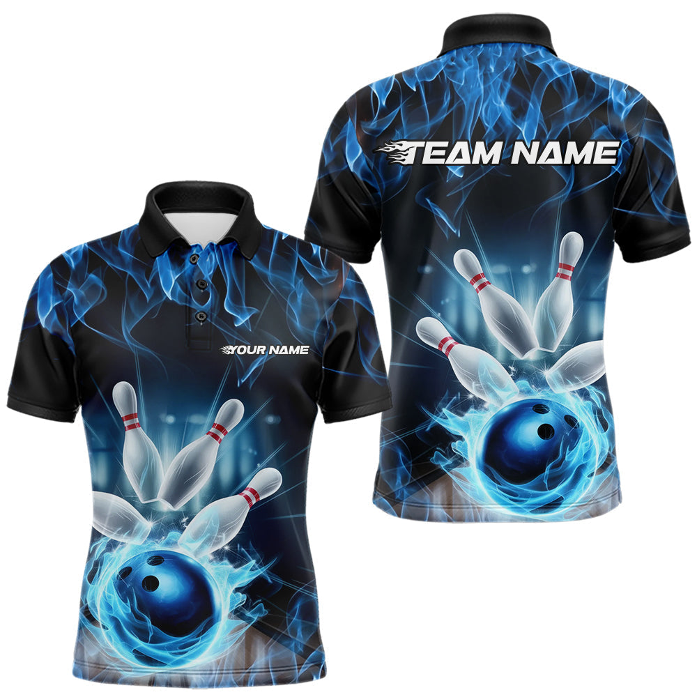 Blisscorners Custom Black And Blue Flame Bowling Team Polo Shirts For Men, Fire Bowling League Shirt LM3006