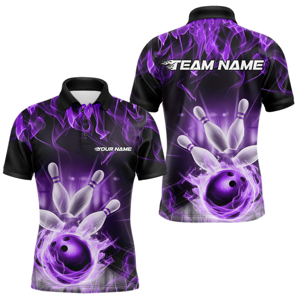 Blisscorners Custom Black And Purple Flame Bowling Team Polo Shirts For Men, Fire Bowling League Shirt LM3006