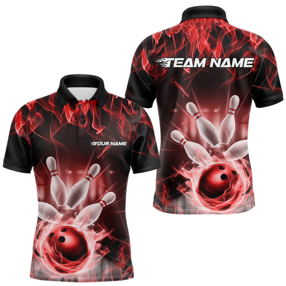 Blisscorners Custom Black And Red Flame Bowling Team Polo Shirts For Men, Fire Bowling League Shirt LM3006