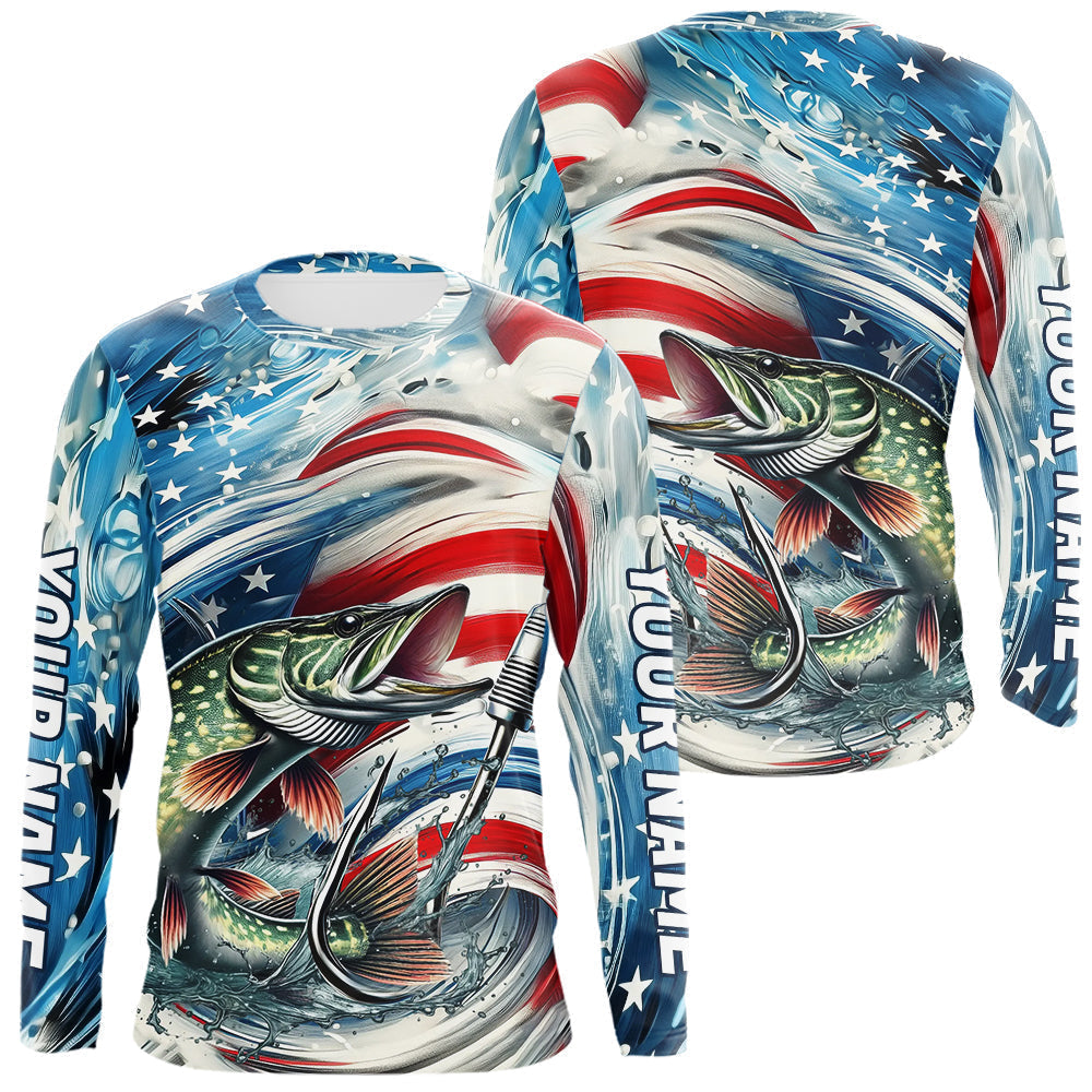 Blisscorners Custom Patriotic Amercian Flag Pike Long Sleeve Tournament Fishing Shirts LM0607