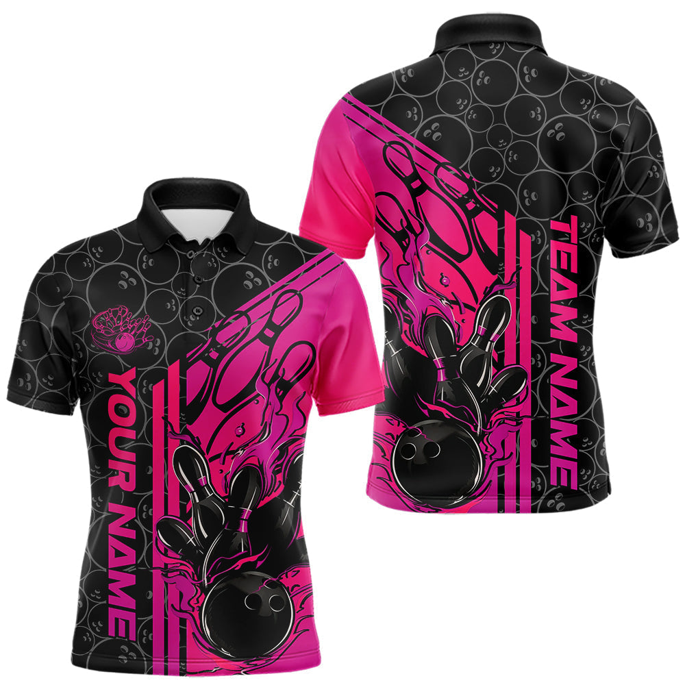 Blisscorners Custom Black And Pink Purple Flame Bowling Polo Shirts For Men, Bowling Pattern Shirt MT1006