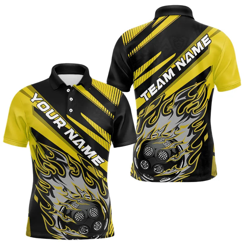 Blisscorners Black And Yellow Custom Flame Pickleball Polo Shirts For Men, Pickleball Jerseys LM1307