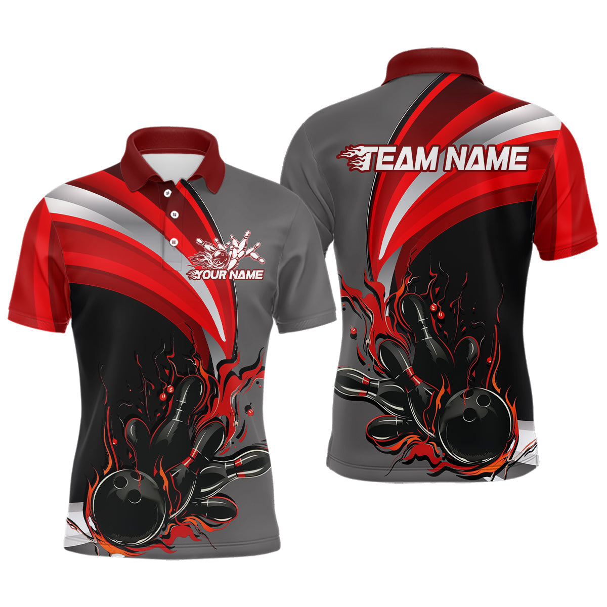 Blisscorners Custom Black, Red And Gray Flame Bowling Polo Shirts For Men, Bowling Team League Shirt