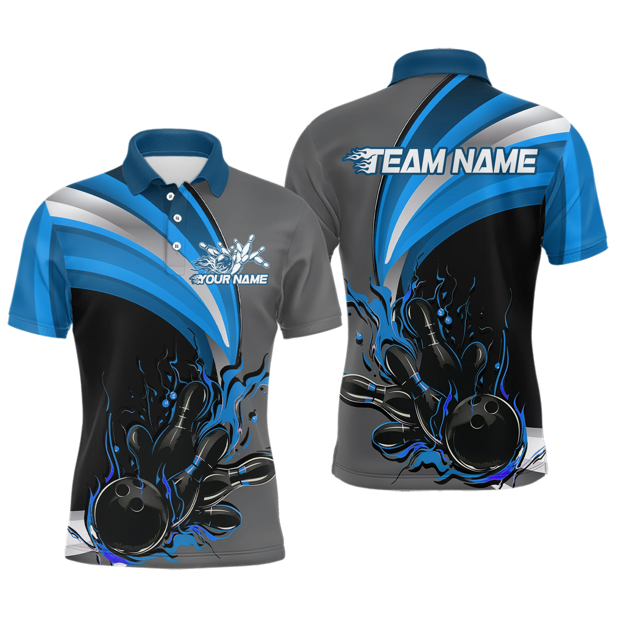 Blisscorners Custom Black, Blue And Gray Flame Bowling Polo Shirts For Men, Bowling Team League Shirt
