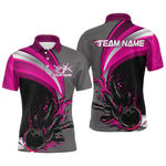 Blisscorners Custom Black, Pink And Gray Flame Bowling Polo Shirts For Men, Bowling Team League Shirt MT1006