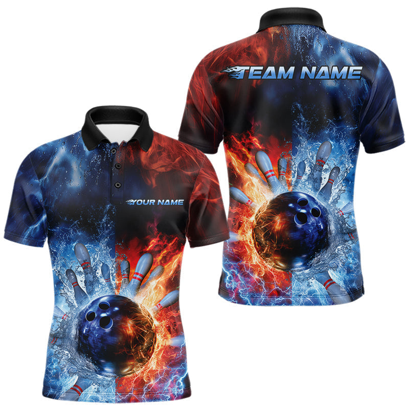 Blisscorners Custom Red Fire Blue Water Explosion Bowling Team Polo Shirts For Men, Bowling Uniform MT1007