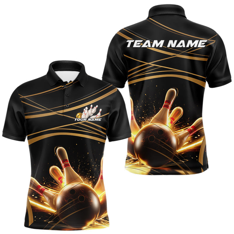 Blisscorners Custom Black And Gold Lane Glowing Bowling Ball And Pins Polo Team Shirts For Men MT1007