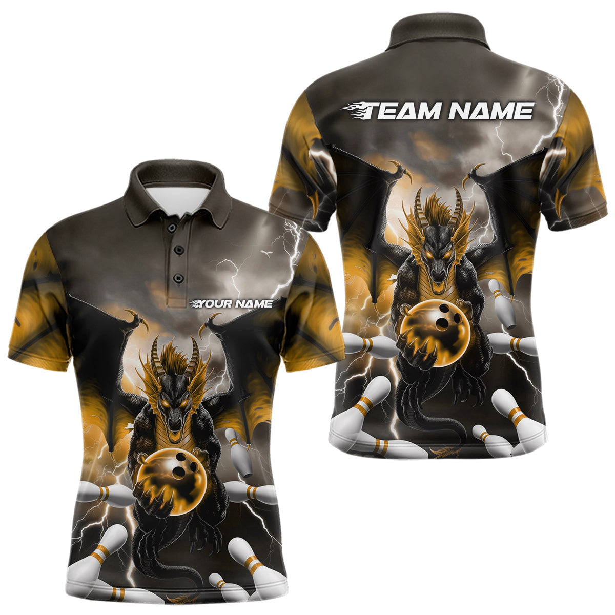 Blisscorners Custom Yellow Thunder Lightning Dragon Bowling Polo Shirts For Men, Team Uniform