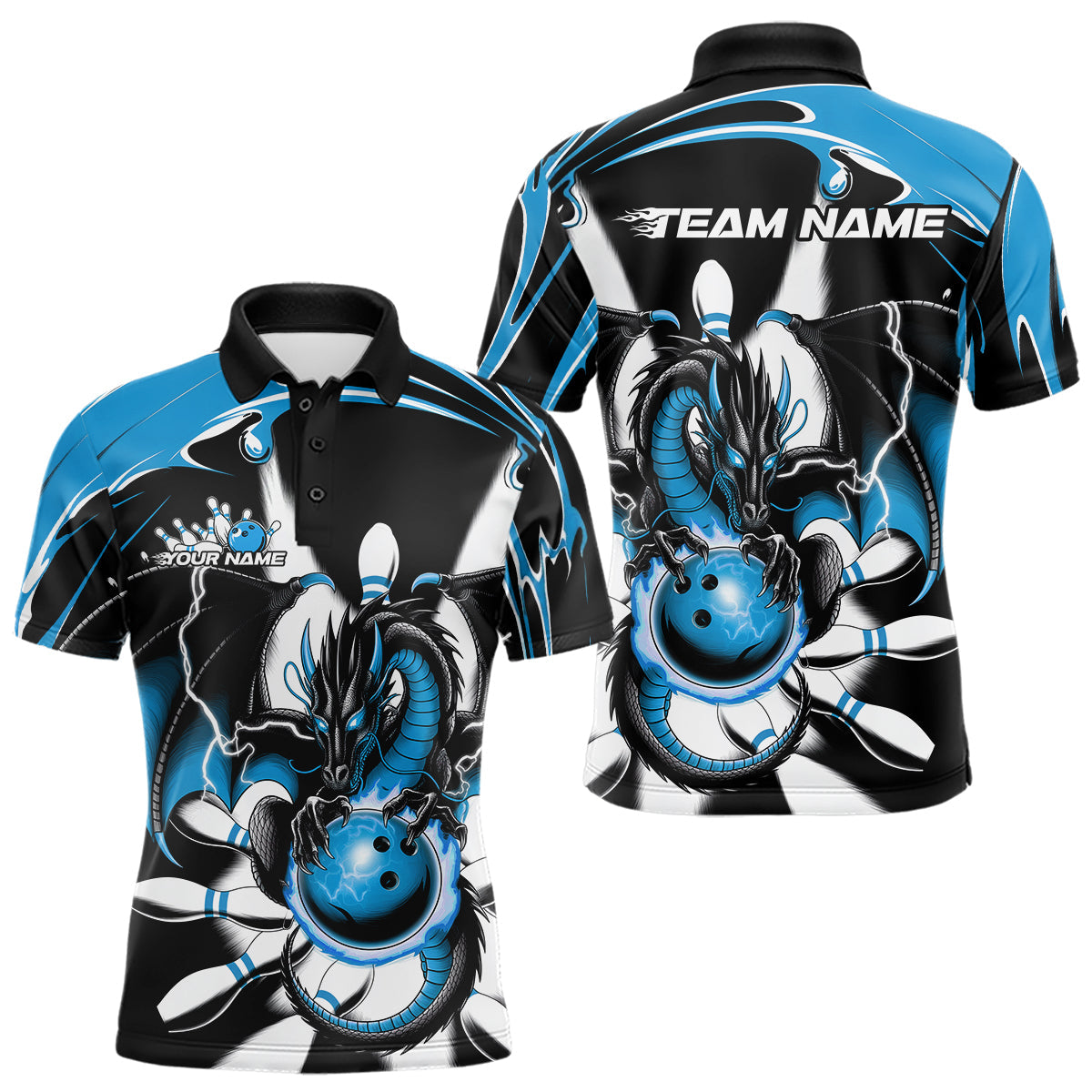 Blisscorners Custom Black And Blue Dragon Bowling Men Polo Shirts, Dragon Bowling Team Jerseys