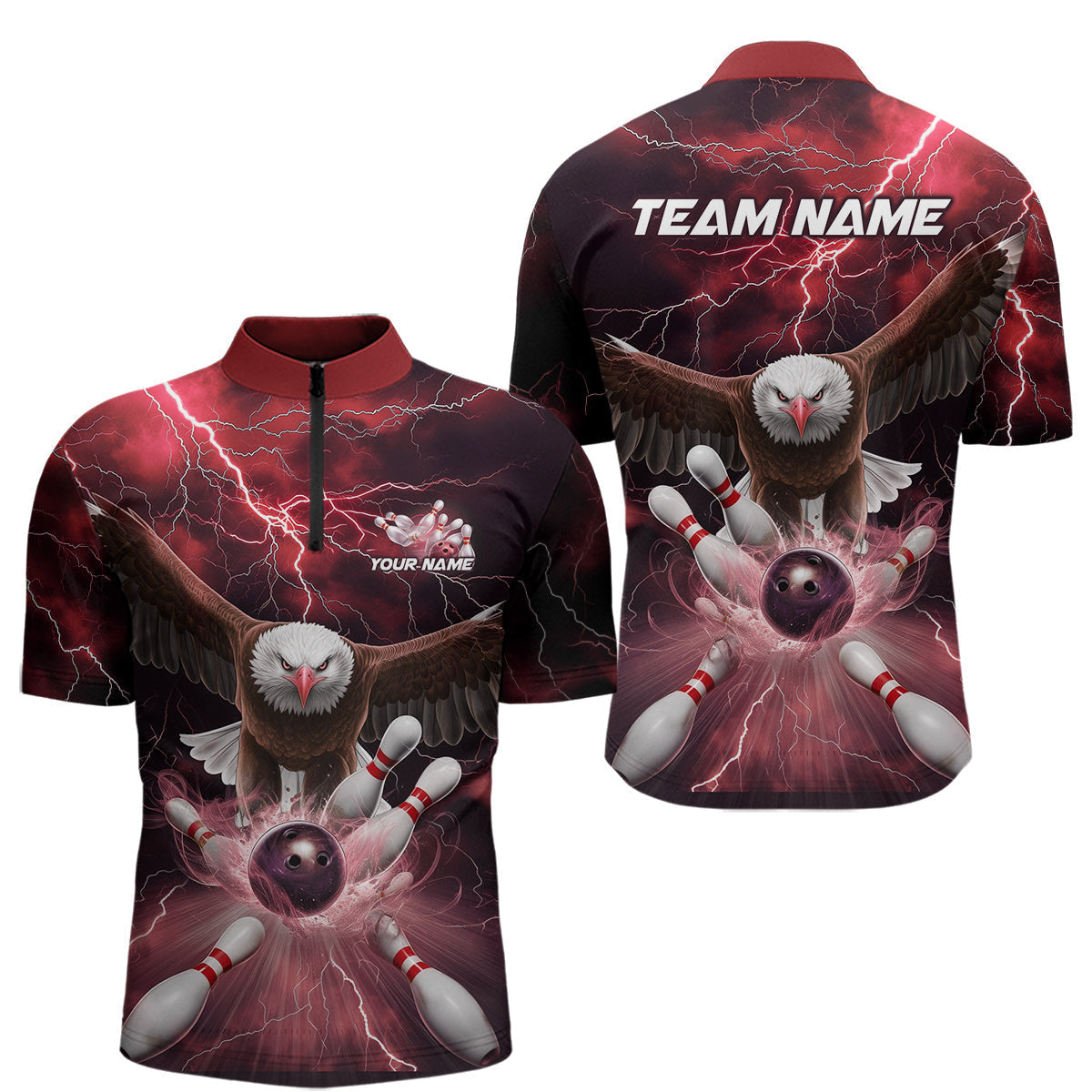 Blisscorners Custom Red Thunder Lightning Eagle Bowling Polo Shirts For Men, Eagle Bowling Jerseys MT2306
