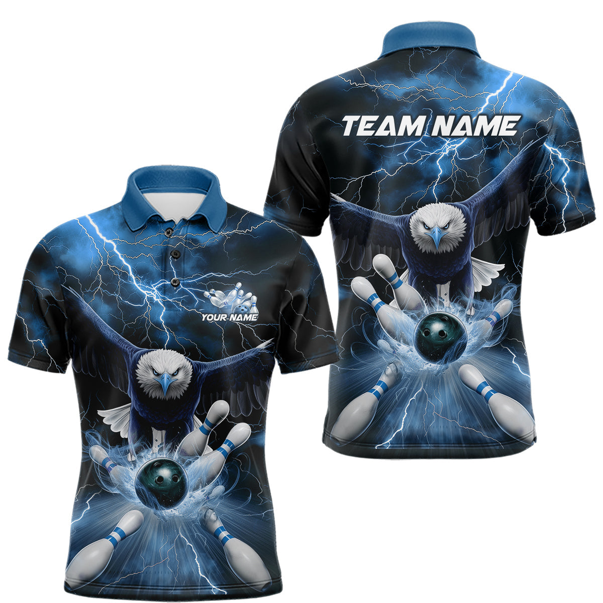Blisscorners Custom Blue Thunder Lightning Eagle Bowling Polo Shirts For Men, Eagle Bowling Jerseys MT2306