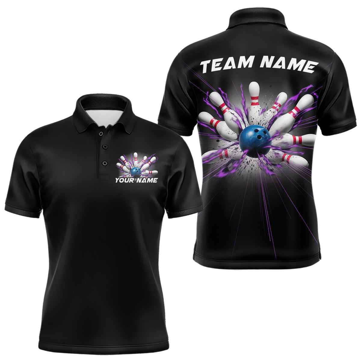 Blisscorners Custom Blue And Purple Bowling Team Polo Shirts For Men, Bowling League Shirt MT2306